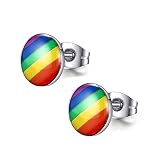Stainless Steel Rainbow Striped Round Dot Stud Earrings for Men Women, Gay and Lesbian LGBT Pride Je