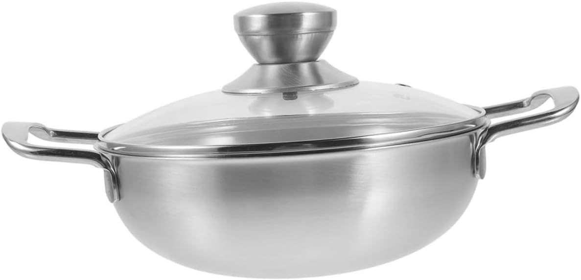 Totority Portable Outdoor Mini Hot Pot 20cm Stainless Steel Cooking Wok Lid Double Handle Kitchen Accessory for Camping and Picnics