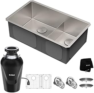 KRAUS Standart PRO™ 32-inch 16 Gauge Undermount 60/40 Double Bowl Stainless Steel Kitchen Combo with WasteGuard™ Continuous Feed Garbage Disposal, KHU103-32-100-75MB