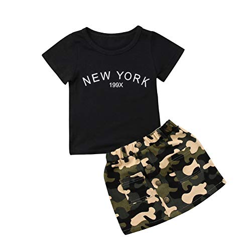 BOBORA Ensemble Bébé Filles Été, 2PCs Vêtements Bébé T-Shirt Noir à Manches Courtes + Jupe Camouflage Cover