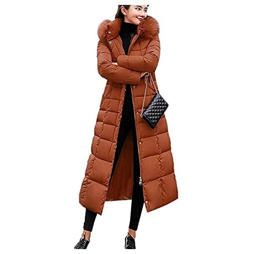 SKYWPOJU Varm vinterjacka för damer Parkajacka lång med pälskåpa Quiltad jacka Vinterjacka Fritids tjock dunjacka dunrock med bälte (Color : Brown, Size : M)