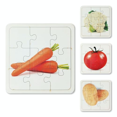 Image of Set of 4 Wooden Jigsaw Puzzles for Toddlers 2+ | 9 Chunky Pieces Each | Vegetable Theme Educational Puzzle | Montessori-Inspired Toy for Fine Motor Skills & Cognitive Development