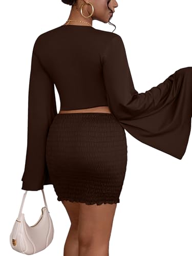 Image of LYANER Women 2 Piece Vacation Outfits Tie Knot Front Bell Long Sleeve Crop Top and Mini Skirt Summer Set