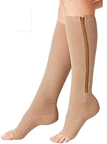 2 Pairs Compression Socks Toe Open Leg Support Stocking Knee High Socks with Zipper (Nude, XXL) …