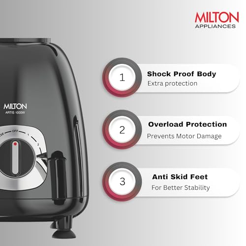 Image of Milton Artis Mixer Grinder, ISI Certified, Grindstone Blade Technology, 3 Jar, 1000 W (22000 RPM), 5 yr motor warranty, 2 yr product warranty I Black