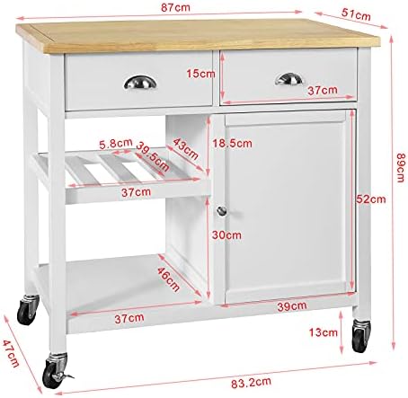 SoBuy® FKW62-WN, Kitchen Storage Trolley Serving Trolley Kitchen Cabinet with Rubber Wood Worktop