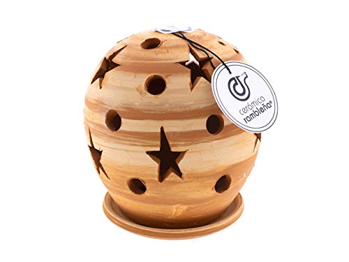 CR CERÁMICA RAMBLEÑA | Portavelas de Barro Rojo Modelo Bola | Portavelas Farol | 100% Hecho a Mano | 12x12x14 cm