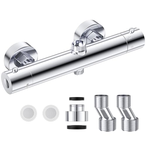 Niest Grifo de ducha termostático cuadrado con dos salidas, grifo de ducha de latón con dos salidas y válvula con BSP superior de 3/4 (26,4 mm) + inferior 1/2 BSP