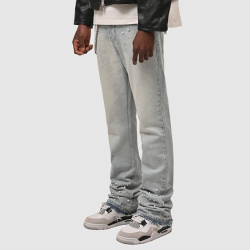 Men Fashion Pearl Jeans High Waisted Relaxed Fit Straight Leg Hip Hop Denim Pants Casual Trousers Streetwear3