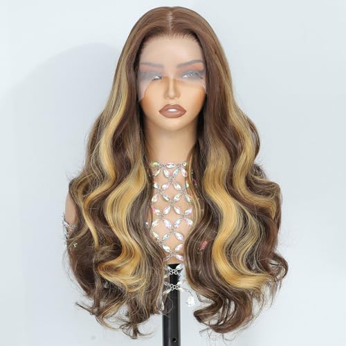 Barbique 26 Inch Highlight Synthetic Lace Front Wig for Black Women, 13x6 HDLace Pre Plucked with Baby Hair, Long Wavy Heat Resistant Hair, Natural LookGlueless Wig Suitable for Daily Party Wear