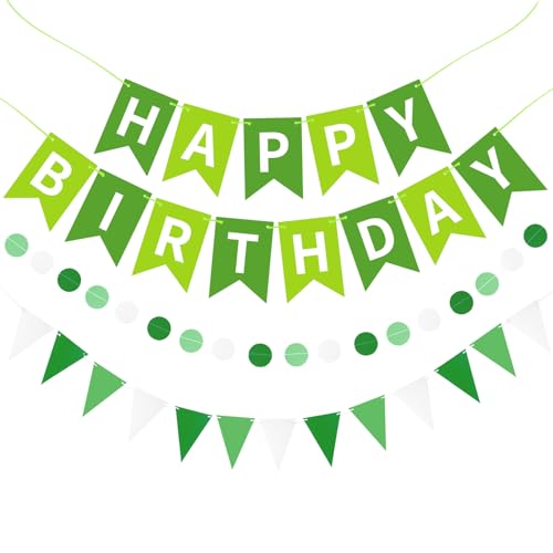Image of Green Happy Birthday Banner Hanging Sign Circle Dot Triangle Bunting