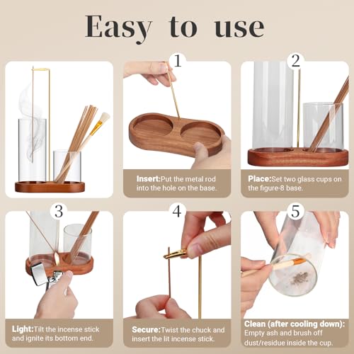 Norvy 2 in 1 Incense Holder for Sticks,Burner Holder with Storage Upside Down,Wooden Incense Burner with Glass Ash Catcher for Meditation Yoga Spa, Includes Ash Brush and 2 Storage Tubes — view 6