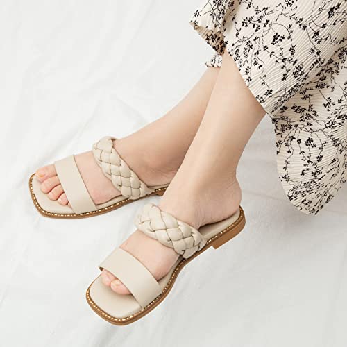 Greatonu Women's Braided Flat Sandals For Women Square Toe Dressy Summer Flat Sandals Slides Slip On Woven Sandals #TOP5