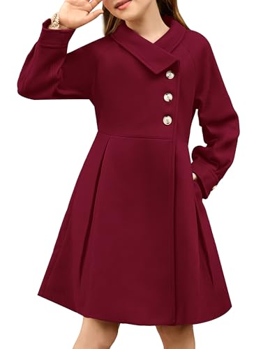 Image of GRACE KARIN Girls Dress Coat Kids Wool Lapel Long Button Jackets Fall Outfit Winter Clothes Outerwear Burgundy Peacoat with Pockets Size 8-10
