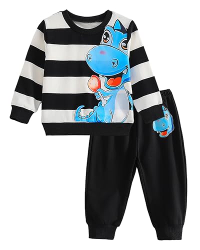 Momkonzz Baby Boy Clothes Set Toddler Dinosaur Striped Sweatshirt + Trousers Long Sleeve Cotton Shirts 6M-3T（Black 2-3Y）