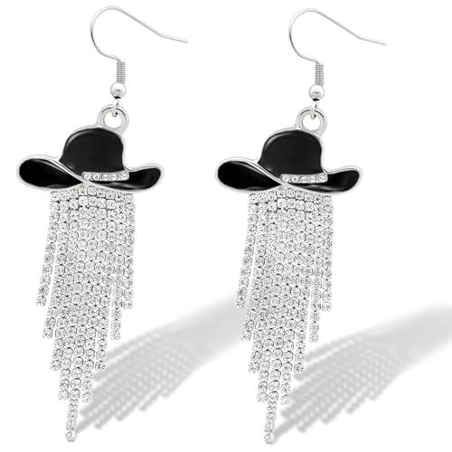 RechicGu Western Cowgirl Enamel Hat Sparkly Rhinestone Tassel Dangle Earrings Prom Country Concerts Cowboy Outfits Rodeo Jewelry Gift for Women,Black Hat…