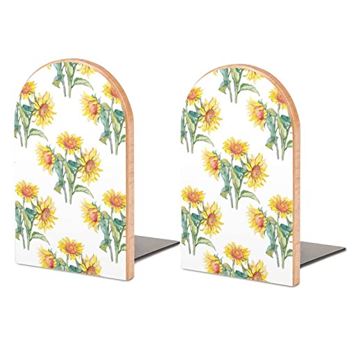 Yellow Sunflowers with Green Leaves Seamless on White 2 PCS Wood Book Ends, Book Shelf Holder Non Slip Wooden Bookends Stand for Shelves Home Office Library Study Decor S
