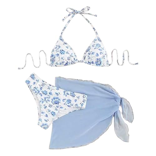Women 3-Piece Bikini Sets with Floral Pattern Halterneck Swimsuit with Cover Up Skirt Cute Swimsuit Set Swimming Costume Beach Vacation Holiday Essentials Blue