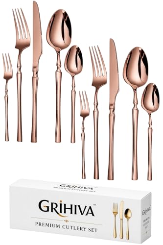 Image of 10 Pcs Rosegold Cutlery Set for Dining Table the Perfect Lightweight Silim Handle Tableware Including Dinner Spoon, Dinner Fork, Dinner Knife, Dessert Spoon & Dessert Fork