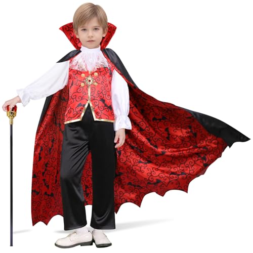 WIKITOT Vampire Costume Kids, Halloween Costumes with Vampire Cape for Boys Aged 3-12 Years Old, Fancy Dress for Kids & Toddlers Role Play Toys Gifts