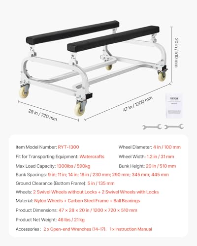 VEVOR Jet Ski Dolly 590kg Tragfähigkeit, Bootswagen, Transportwagen zum Bewegen von Wasserfahrzeugen, verstellbare Kojen mit 4 Rollen & 2 Bremsen, robuster Slipwagen für Kajaks, Jet-Skis, Schnellboote