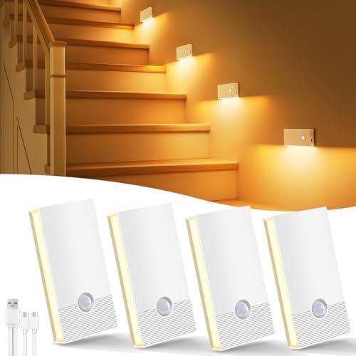 Nachtlicht Mit Bewegungsmelder, 4 Stück LED Nachtlicht USB-C Aufladbar 3 Modi Treppenlicht Bewegungsmelder, WarmWeiß Innen Nacht licht für Treppe, Flure, Kinderzimmer, Schlafzimmer