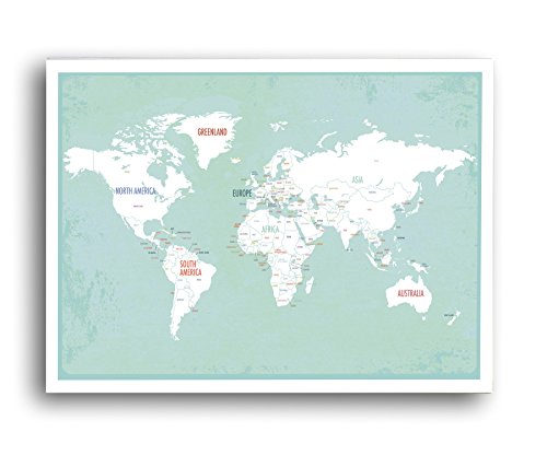 World Map Poster – Aqua & White, 24 x 18
