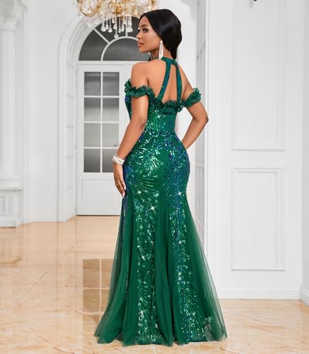 Image of Cololura Women Sexy Sequin Halter Neck Short Sleeve Mesh Perspective Party Bodycon Evening Cocktail Maxi Dress
