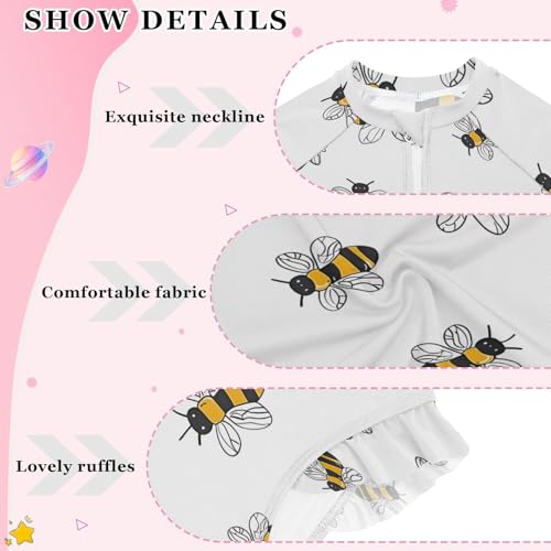 Cute Bee Girls Long Sleeve Swimsuit Rash Guard One Piece Bathing Suits Zipper 3-12T4