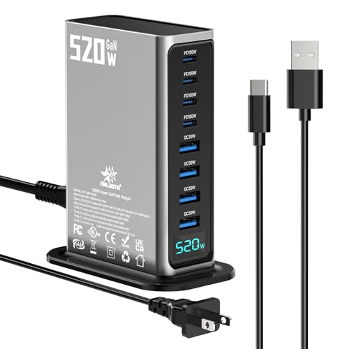 melasta 520W Chargeur USB C Multiple, 8 Ports GaN Chargeur Rapide, avec 4 USB C PD 100W Multiple Station de Charge et 4 USB A QC 30W Station de Charge pour Laptop, iPhone, iPad, Écouteurs Etc