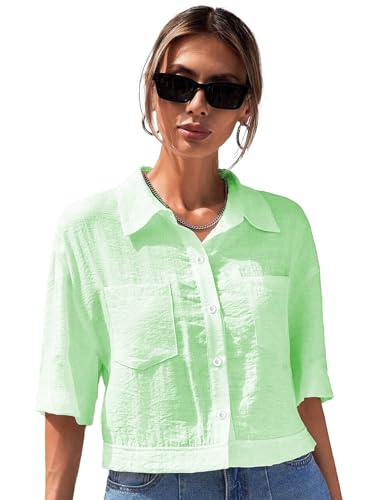 Image of TOPLOT V-Collar Solid Crop Shirt for Women with Half Sleeves, Polyester, Regular Fit