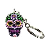 Hand Painted Polyresin Sugar Skull Keychain - Purple