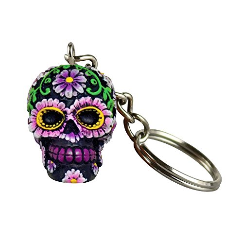 Hand Painted Polyresin Sugar Skull Keychain - Purple