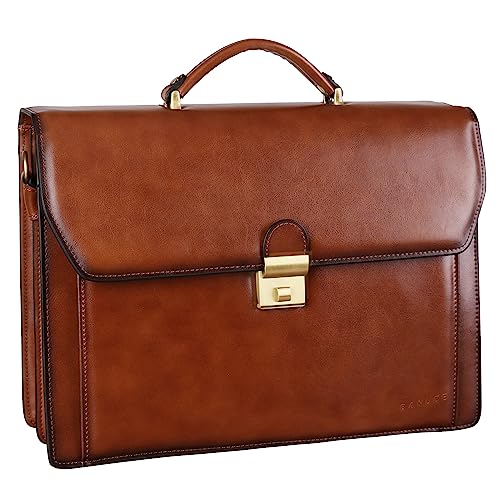 Banuce Vintage Leather Briefcase for Men Attache Case with Lock 14 Inch Laptop Bags for Work Business Travel with Luggage Strap Brown