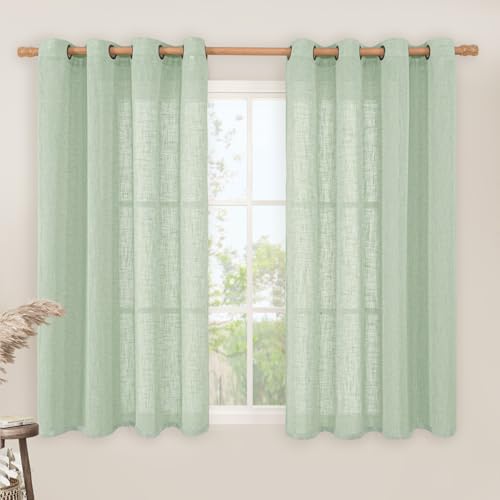 Image of LAMIT Fresh Green Linen Curtains 54 Inch Length 2 Panels, Light Filtering Semi Sheer Panels Bronze Grommet Neutral Drapes for Kitchen /Window /Bedroom, 52 x 54 Inch