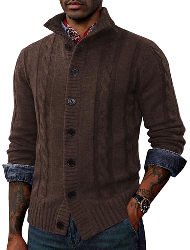 PJ PAUL JONES Mens Cable Knit Cardigan Sweaters Casual Stand Collar Slim Fit Long Sleeve Button Down Sweaters2