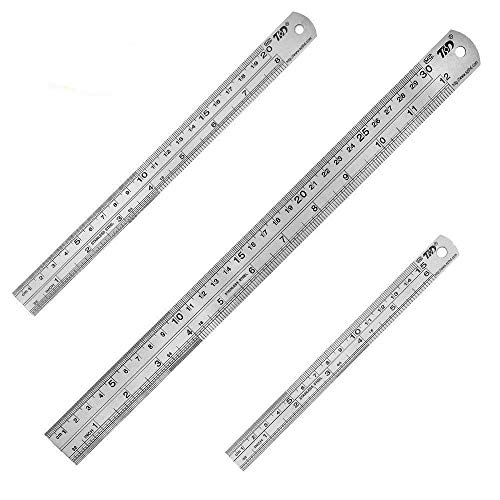 3PCS Stainless Steel Office Ruler Set Straight Edge Measuring Tool 12 Inch & 8 Inch & 6 Inch Metric and Imperial Precision Metal Rulers Kit for Engineering & Teaching & Office