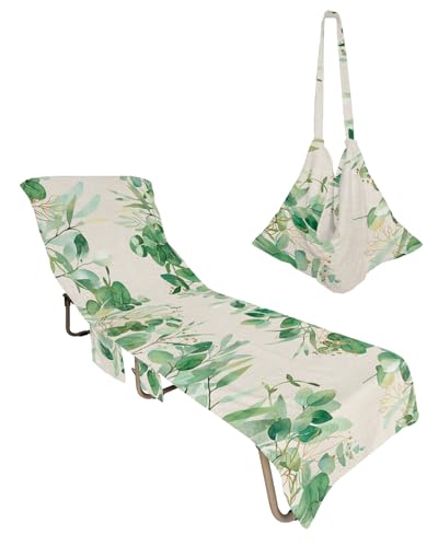 Green Botanical Beach Lounge Chair Towel Cover, Soft Chaise Lounge Towel with Side Pockets Patio Pool Chairs Cover for Beach/Pool Sunbathing 29x85 Watercolor Green Yellow Leaf Rustic