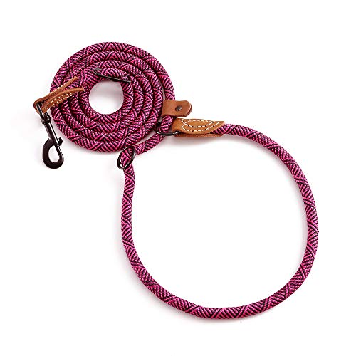 Mile High Life | Dog Rope Leash With Genuine Leather Tailored Connection | Dog Slip Lead | Dual Configuration | With Heavy Duty Metal Sturdy Clasp (Hot Pink 8 Ft Hand Free) #TOP1