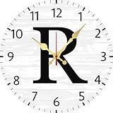 Geroclonup Orologio rustico in legno personalizzato, orologio da parete personalizzato con nome della famiglia con lettera R Orologi rotondi a batteria personalizzati silenzioso senza ticchettio per
