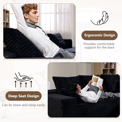 Image of 107 inch W Modular Sectional Sofa, Upholstered Corduroy Cloud Couch with Deep Seat, Modern 3-Seater L-Shaped Sofa for Living Room, No Assembly Required (Black, Left-Facing Chaise)