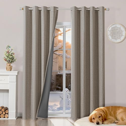 Runyéla 100% Verdunklungsvorhänge Leinen Gardinen mit Ösen, Thermovorhang | 2er Set, H220xB140 Leinen, Leinenoptik Vorhang Blickdicht, UV-Schutz Wärmeisolierend Schallschutz Schlaf