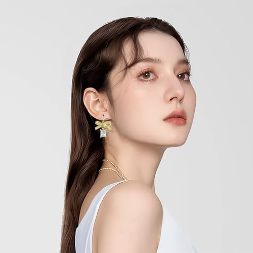 Silver Gold Bow Earrings for Women Sparkly Cubic Zirconia Rhinestone Prom Wedding Party Dangle Earrings 925 Sterling Silver Post for Her (Yellow Gold) — view 2