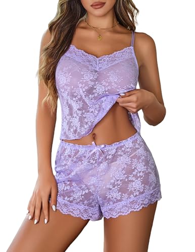Image of Avidlove Sexy Pajama Set for Women Floral Lace Lingerie Set Sheer Sleepwear See Through Cami Shorts 2 Piece