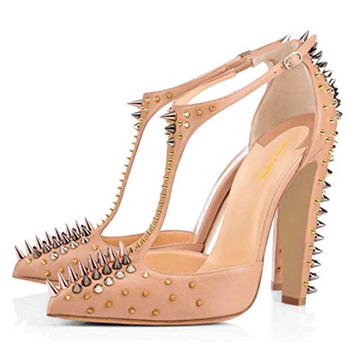 Xyd Evening Superb Dress Shoes Pointed Toe T-Strap Chunky High Heels Rivets Studded Sandals For Women Size 8 Chunky Heel-Beige 4.5" #TOP1