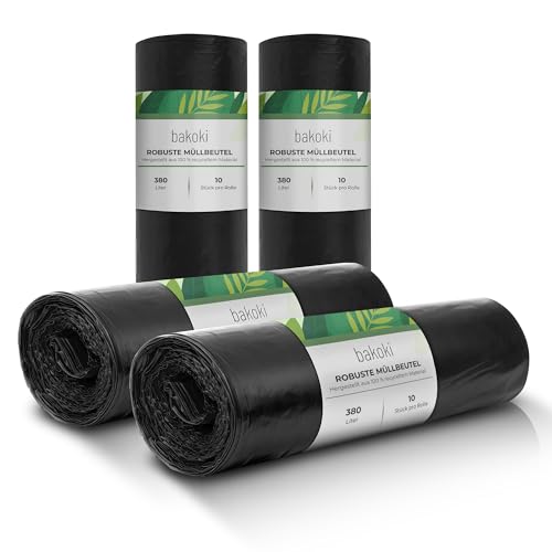 Bakoki Müllbeutel 380L - Extrem Reißfest, Extra Stark, Ideal Für Haushalt, Garten Und Betrieb -4 x 10er Rolle, Schwerlast Müllsäcke Für Renovierung Und Gewerbe-Abfälle, Große Müllsäcke, LDPE