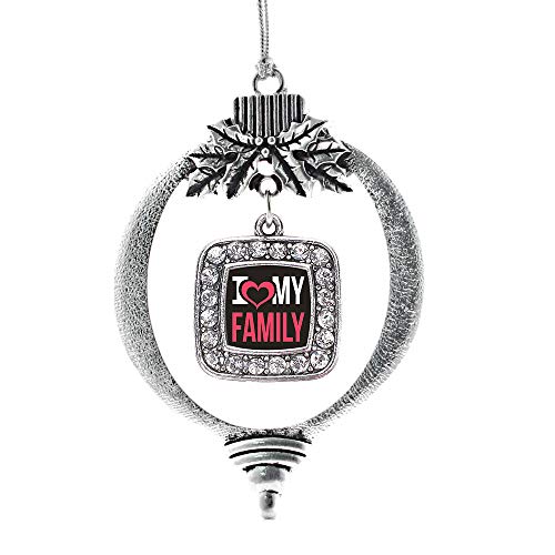 Inspired Silver - I Love My Family - Silver Christmas Ornament - Square Charm Christmas Tree Ornament with Cubic Zirconia - Holiday Hanging Decoration