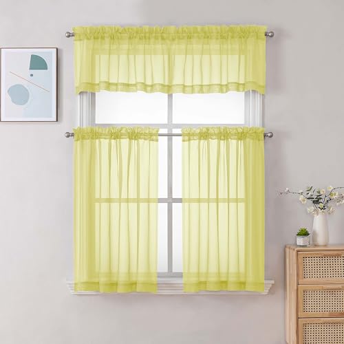 Image of Chyhomenyc Sheer Valances for Windows, Light Filtering Small Window Curtains for Living Room Bathroom Cafe Laundry Basement, Modern Top Dual Rod Pocket Voile Curtain, 42Wx14L inches, Lemon, 2 Pieces