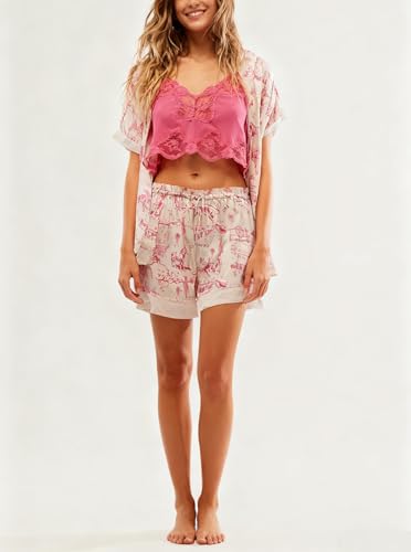 Image of Women Silk Pajamas Floral Satin 2 Piece Pajama Sets | Button Down Short Sleeve Shirt and Elastic High Waist Shorts, Vintage 2Pcs Pj Sets, Two Piece Lounge Set, Elegant Sleepwear