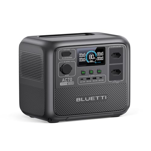 BLUETTI AC70 Estação de Energia Portátil, 768 Wh Bateria de Reserva LiFePO4 com 2 Saídas CA de 220V / 1.000 W (2.000 W Power Lifting), 100 W Tipo C, Gerador Solar para Viagens, Falta de Energia